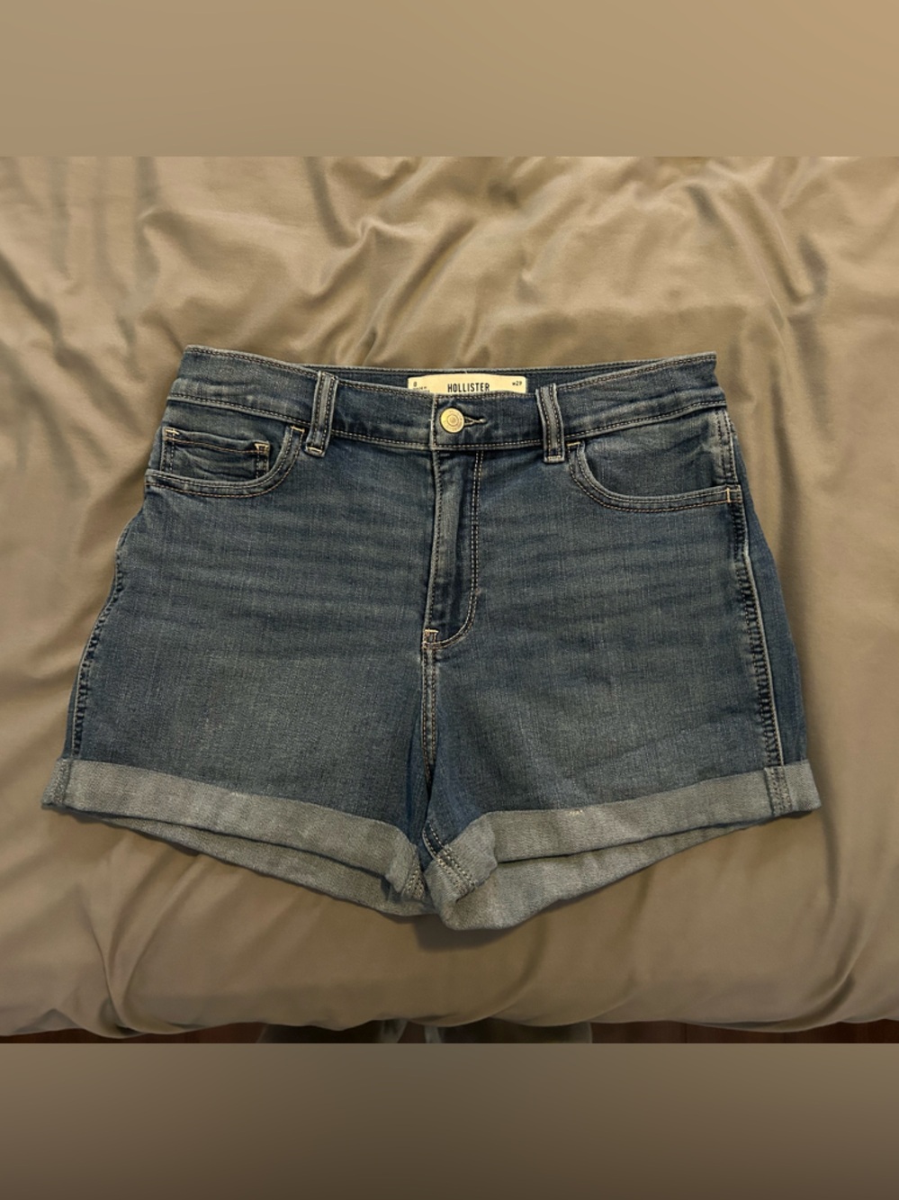 Hollister Mid-Rise Cuffed Denim Shorts in Light Blue